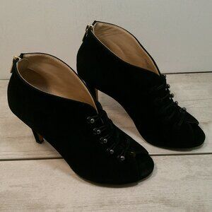 Womans Adrienne Vittadini Pumps Black Leather Suede Peep Toe Bootie Size 7.5M